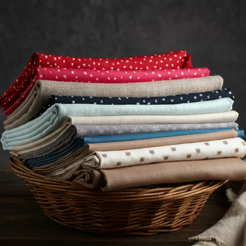 A variety of fabrics used in sewing projects, including cotton, silk, wool, and linen