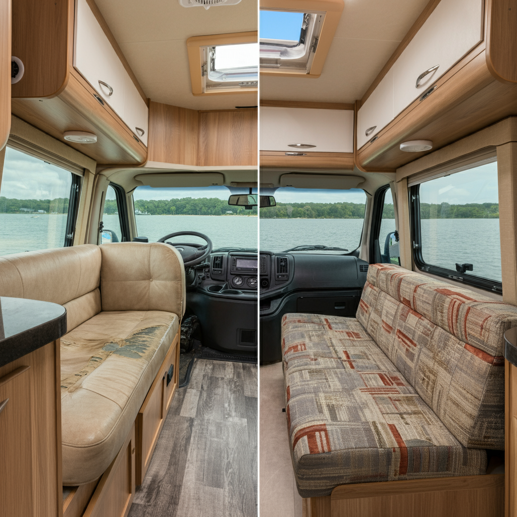 RV upholstery before and after replacement with new, durable marine-grade fabric