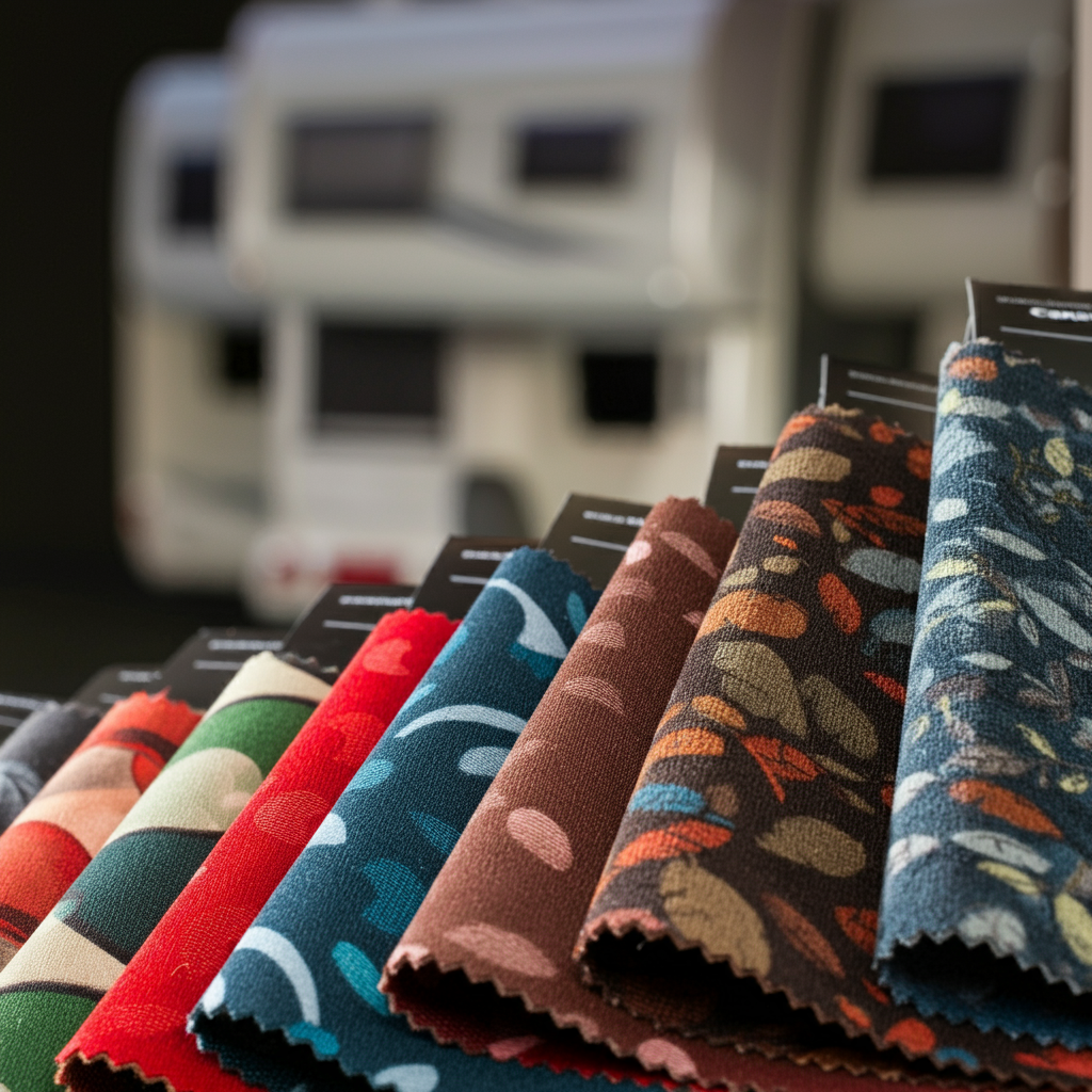 Swatches of colorful and patterned RV upholstery fabric options