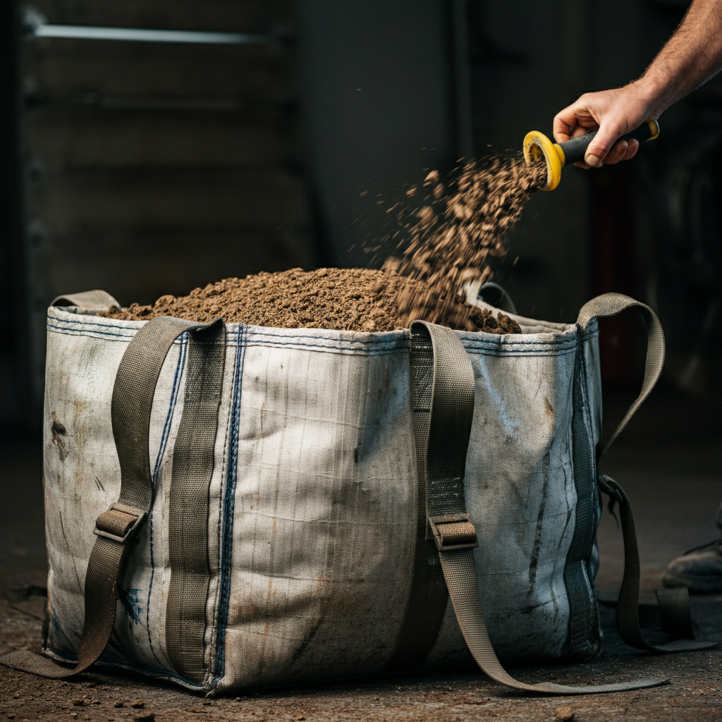Heavy-duty industrial bag made from woven fabric being filled with bulk material