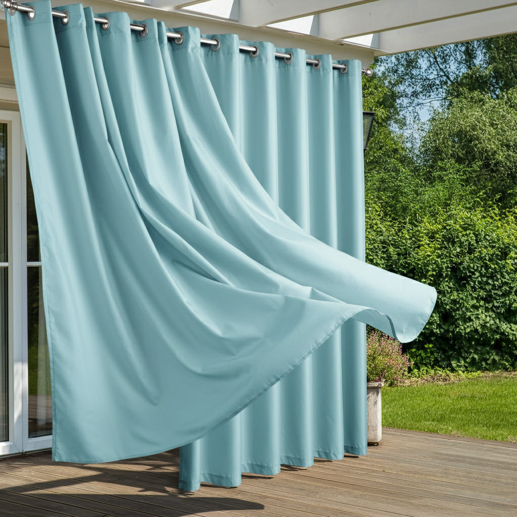 Lightweight polyester outdoor curtains withstanding a gentle breeze on a patio