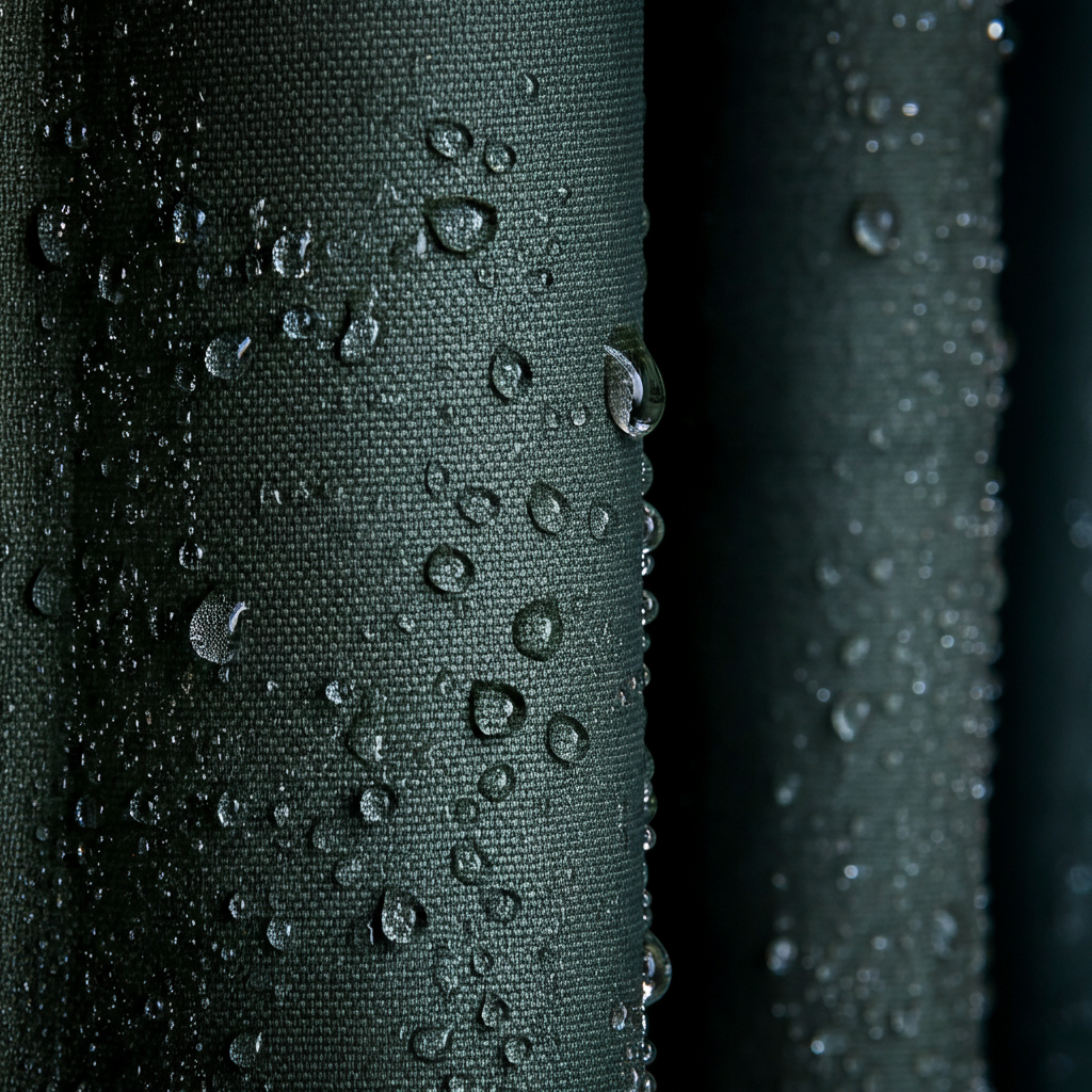 Water-resistant Sunbrella fabric for outdoor curtains repelling rain