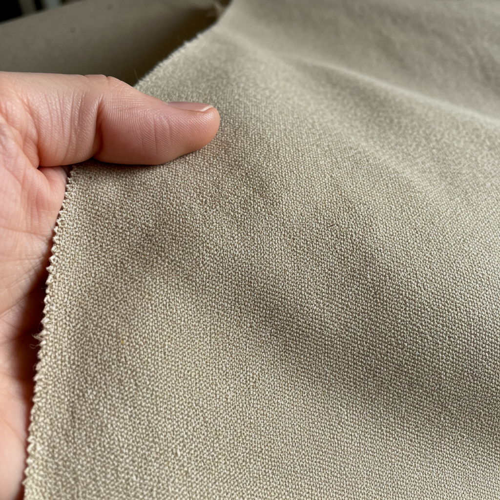 A hand holds a piece of duck canvas fabric, highlighting its tightly woven threads and durable texture