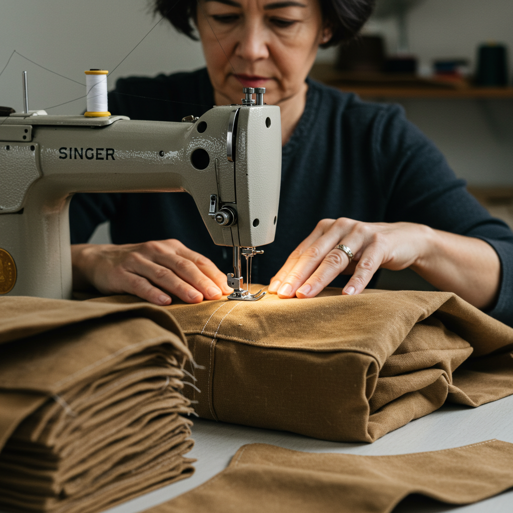 A sewer uses a sewing machine to stitch a bag made from sturdy duck canvas fabric