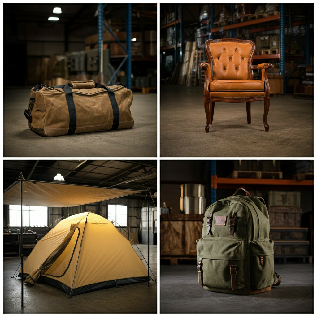 Examples of products commonly made with double-fill duck canvas a heavy-duty duffel bag, a backpack, an upholstered chair, an awning, and a tent