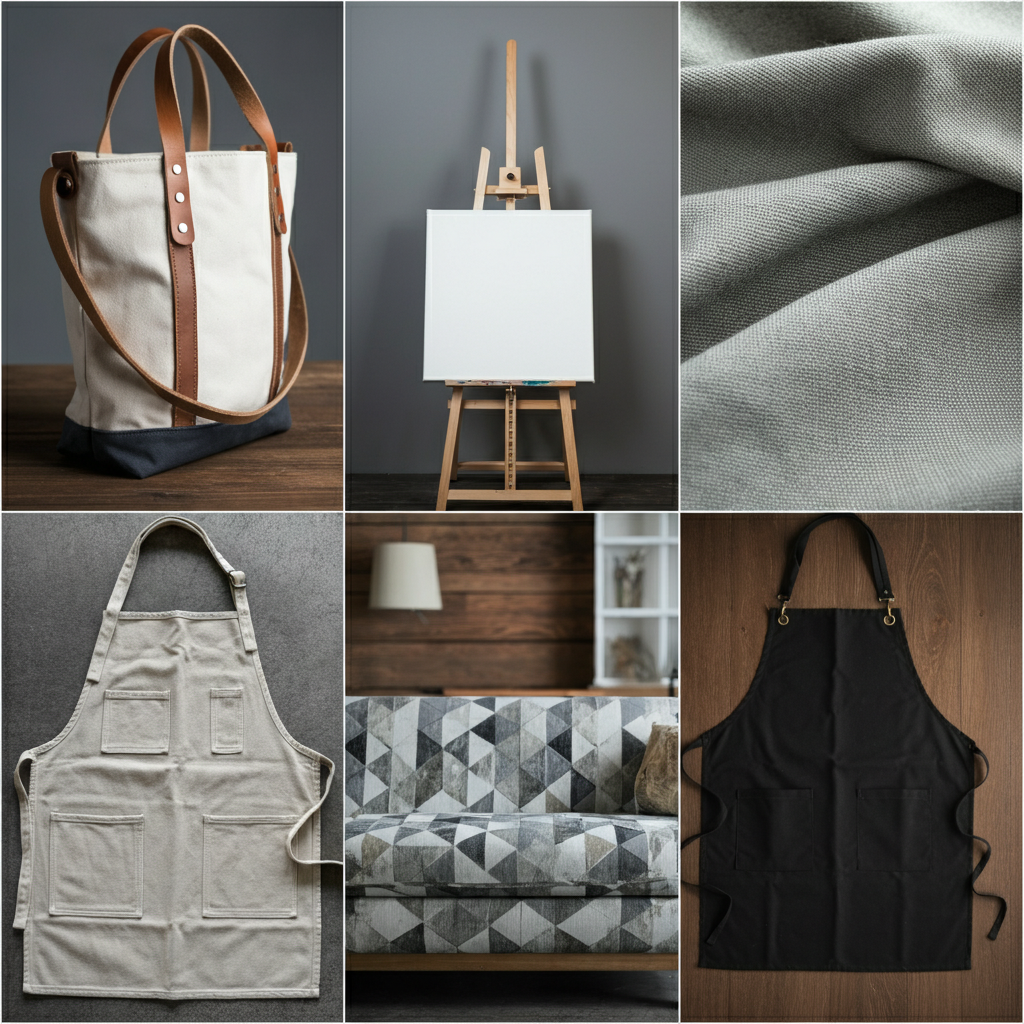 Examples of products commonly made with single-fill duck canvas a lightweight tote bag, an artist's canvas, an apron, a slipcover, and garment lining