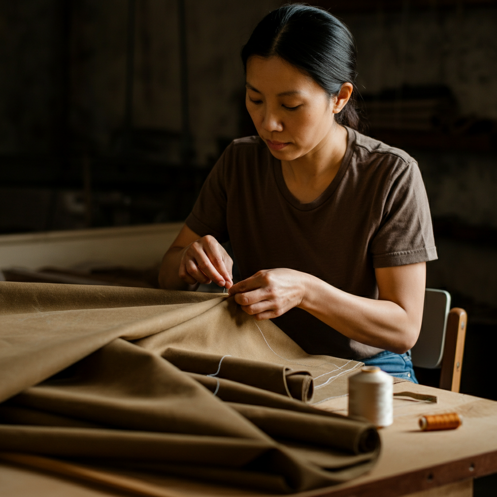 Image shows a person working on a sewing project using duck canvas fabric