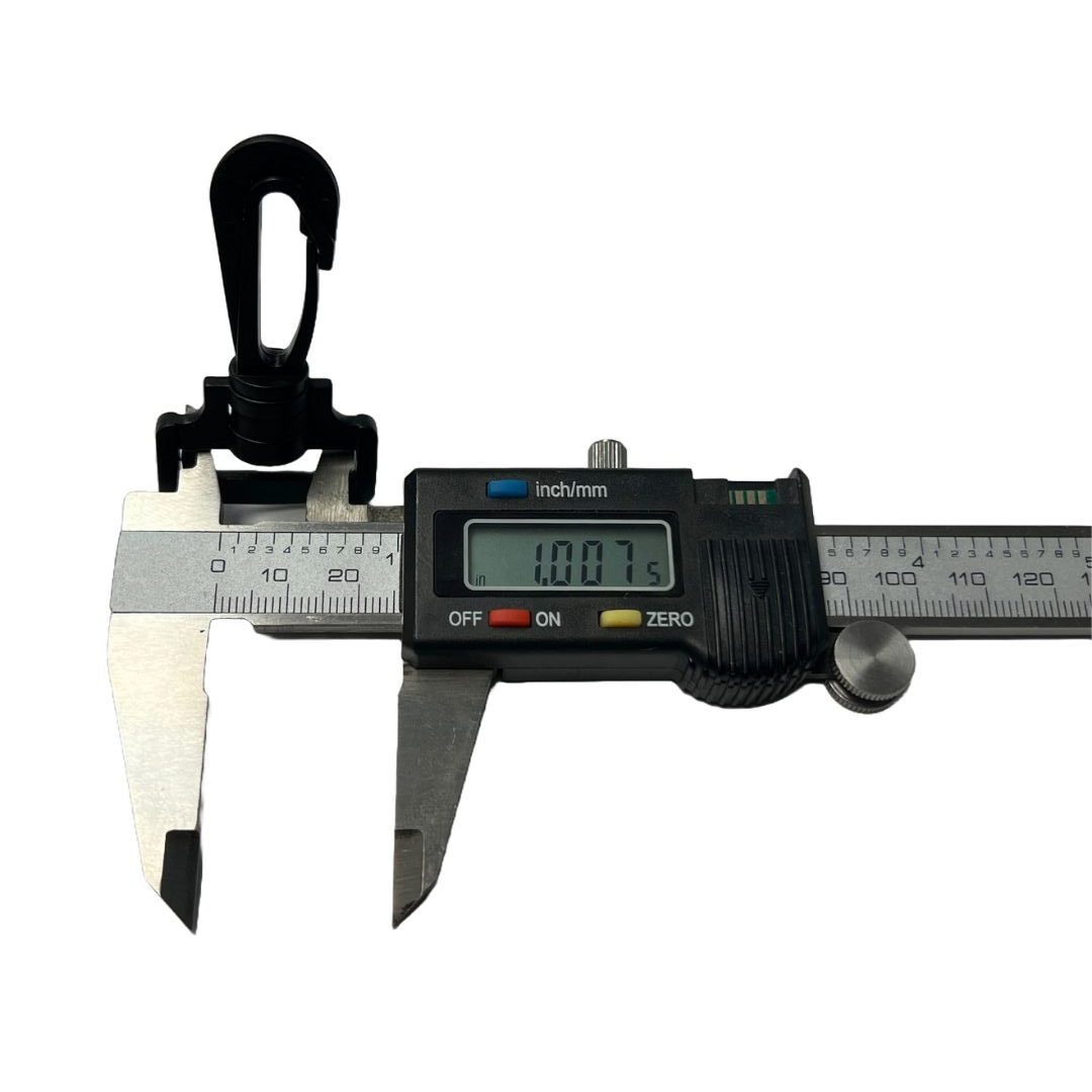 Heavy-duty black swivel hook with 360° rotation for bags, straps, and industrial applications.