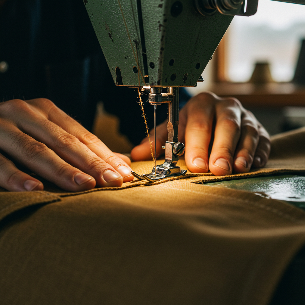 Action shot of sewing #8 duck canvas on an industrial sewing machine, demonstrating the proper technique for working with this durable fabric for outdoor gear projects.