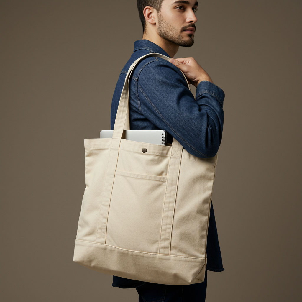 Canvas tote bag, demonstrating the practical use of canvas fabric for everyday items. Highlights the versatility and durability of canvas.