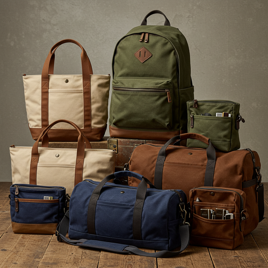 Collection of bags made from duck canvas, including a tote bag, backpack, and duffel bag. Duck canvas bags are strong, stylish, and versatile.