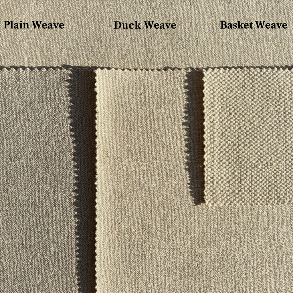 Comparison of canvas weaves - plain weave, duck weave, and basket weave. Illustrates the different weave structures and their impact on fabric properties.