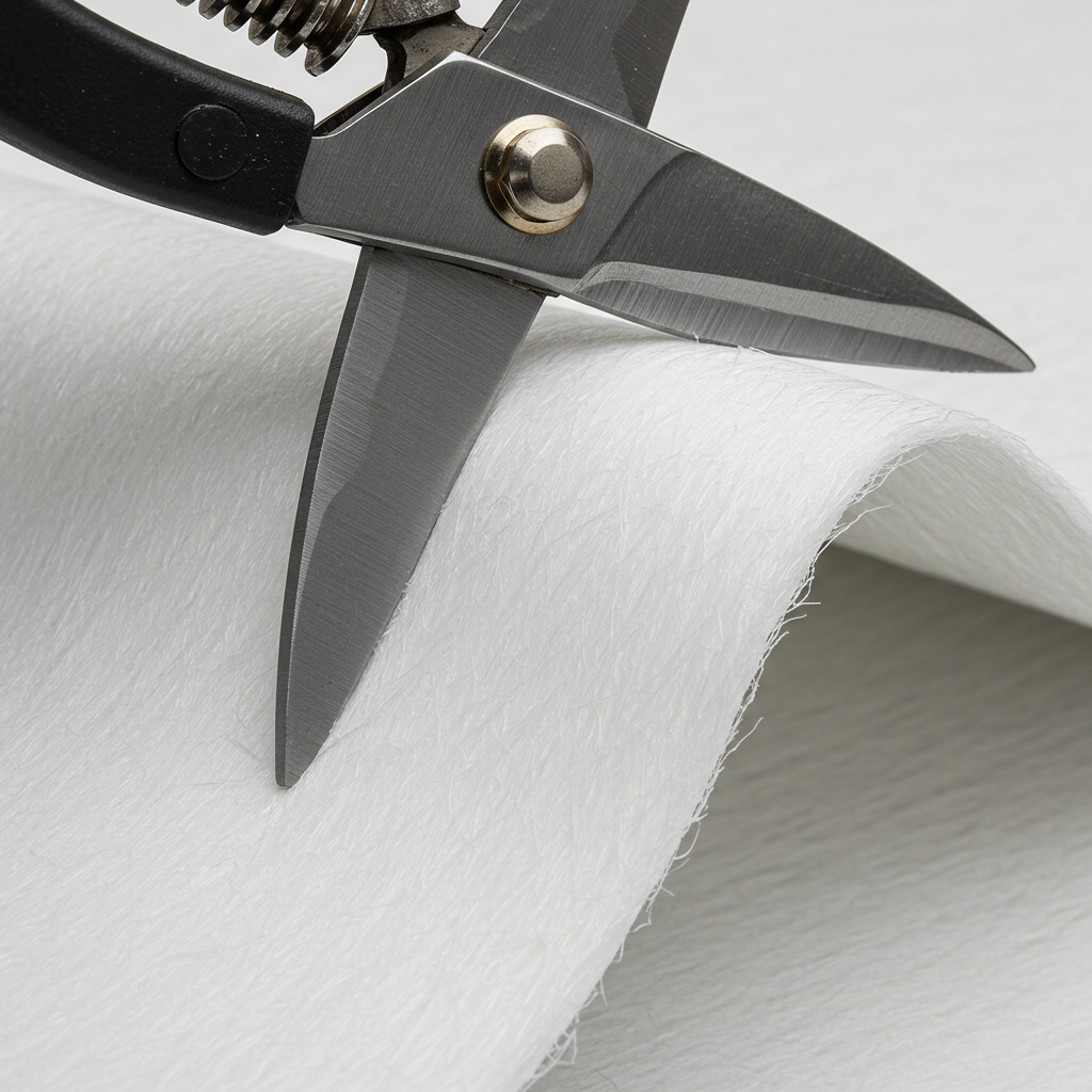 Heavy-duty shears for cutting UHMWPE cut-resistant fabric. Shows appropriate tools for working with this tough material.