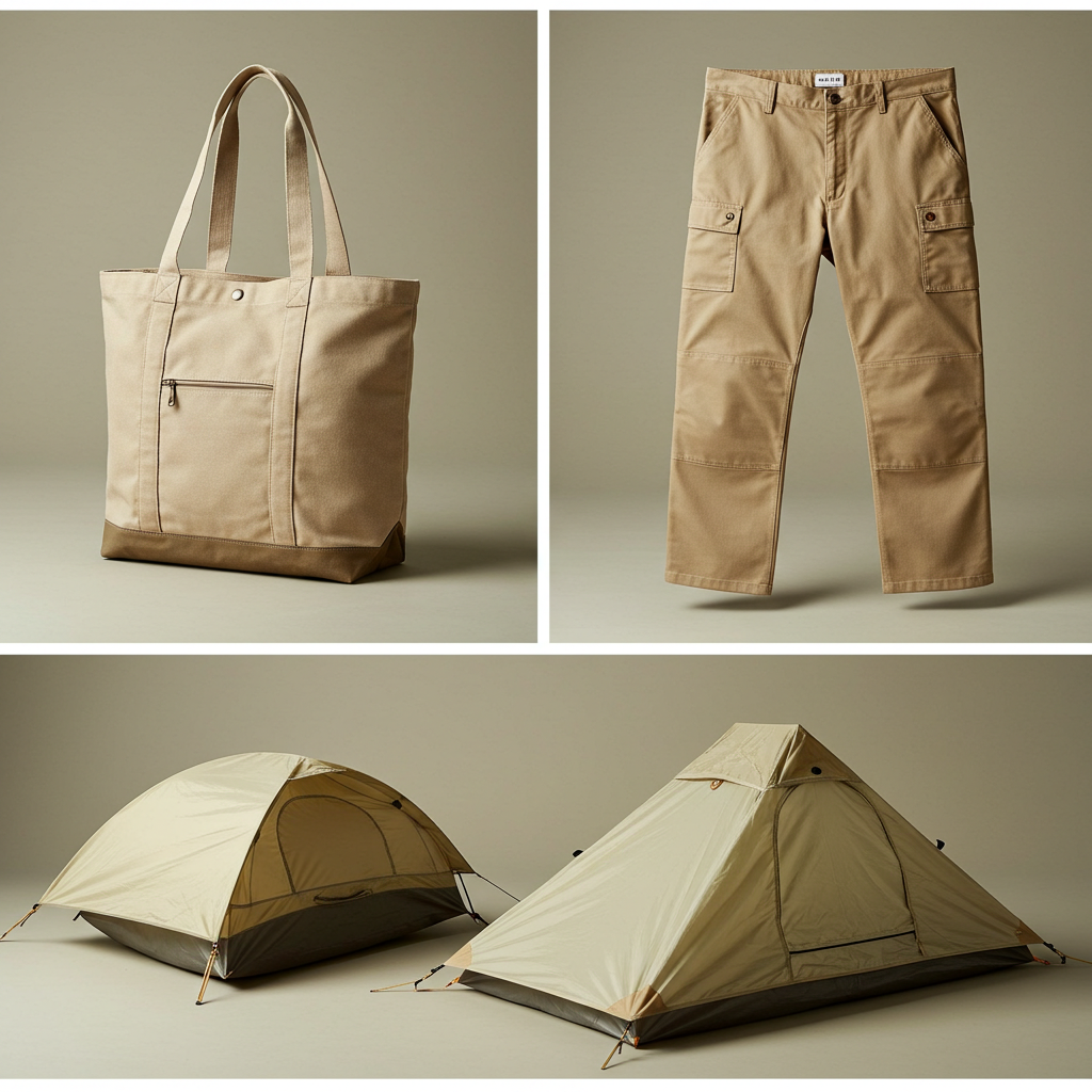 Lightweight duck canvas applications: Examples include a tote bag, a camping tent, and durable work pants. Showcases the material's diverse uses.