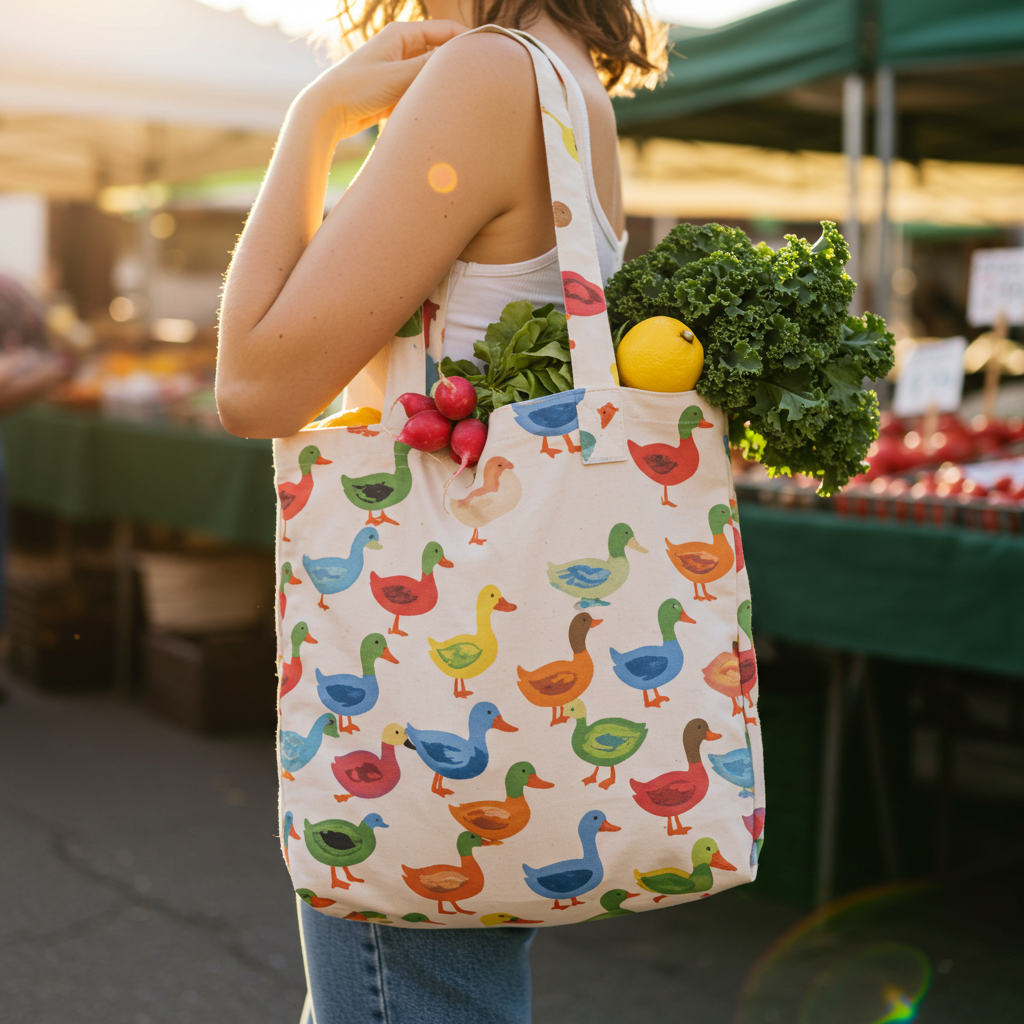 Person carrying a heavy-duty duck canvas tote bag filled with groceries. Duck canvas is a practical and durable choice for everyday bags.