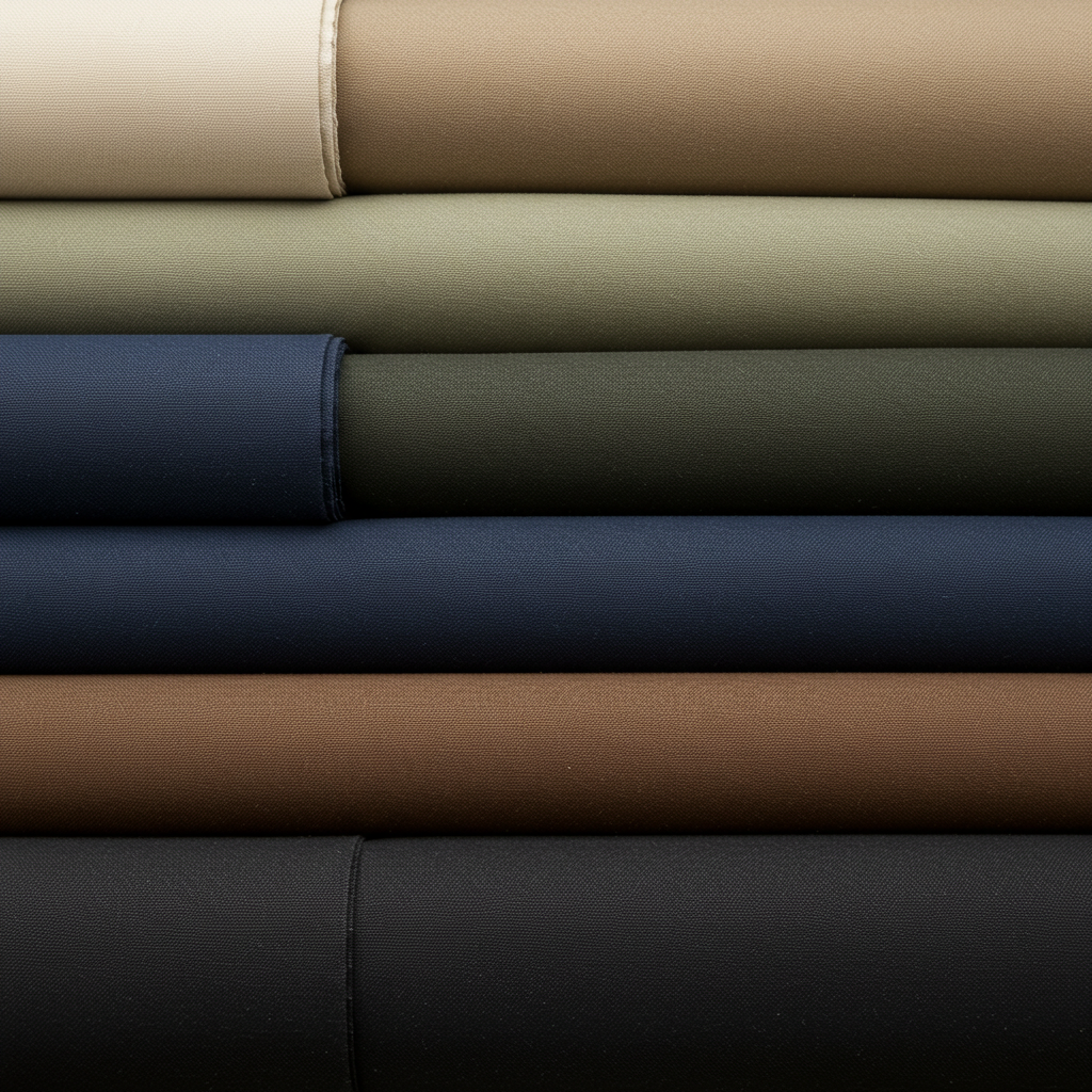 Rolls of duck canvas fabric in various colors, including natural, olive, and navy. Duck canvas is available in a range of colors for different bag styles.