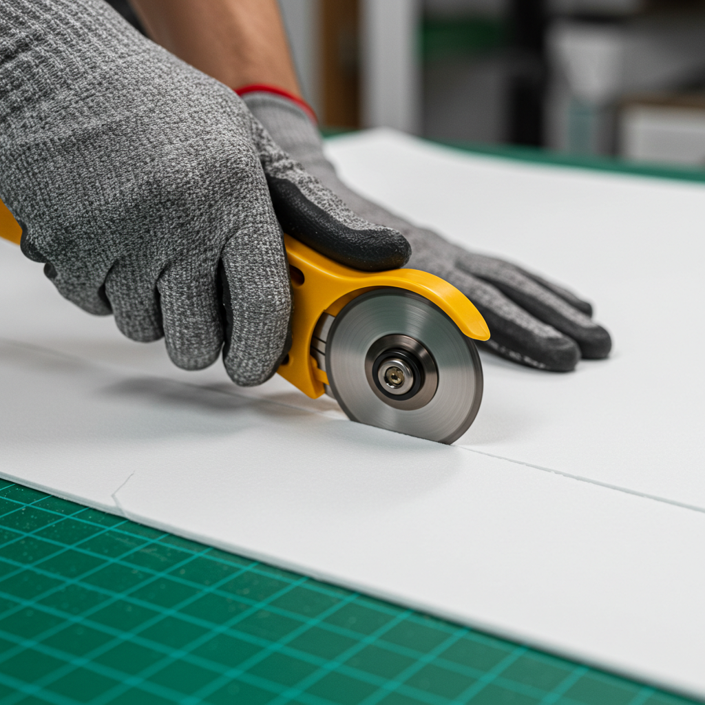 A hand wearing a cut-resistant glove carefully cutting UHMWPE fabric with a rotary cutter on a self-healing cutting mat.