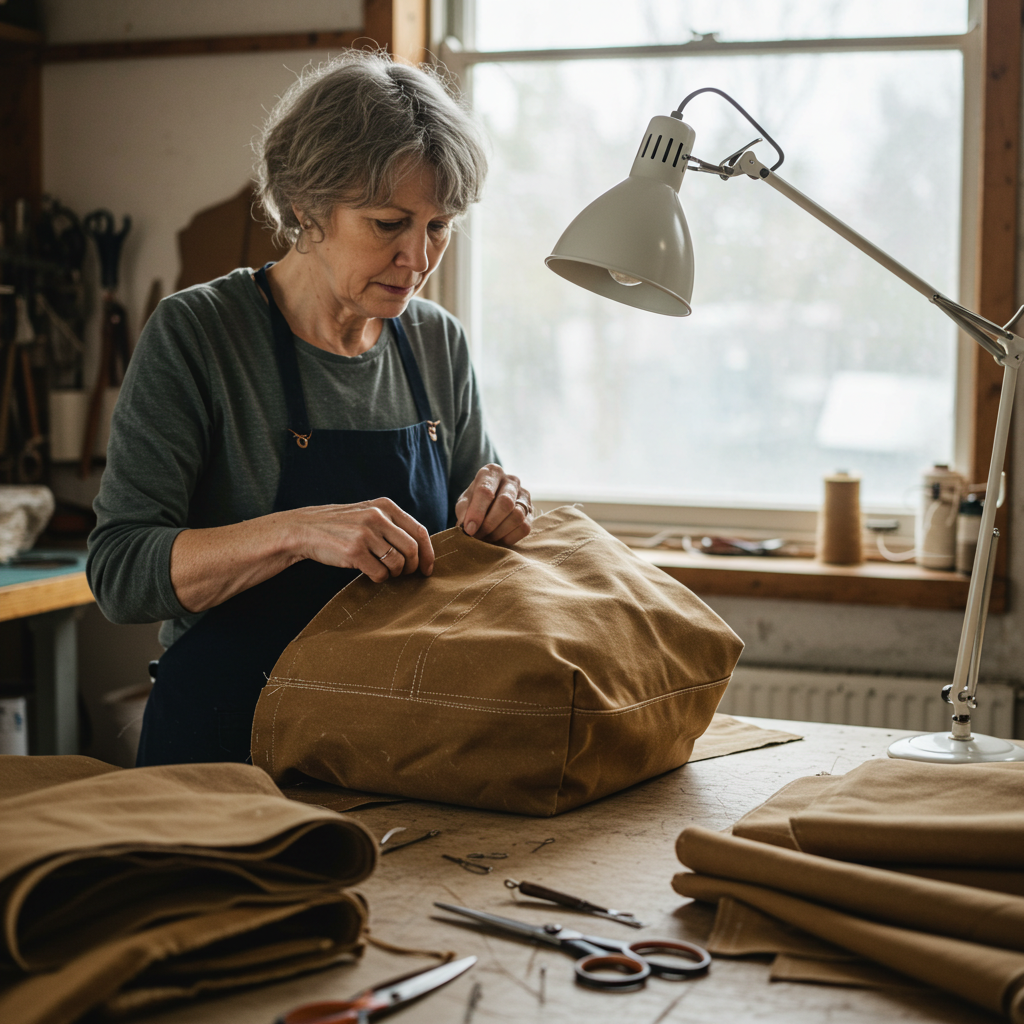 Sewing a durable duck canvas bag. The strong, tightly woven fabric requires heavy-duty sewing techniques and equipment.