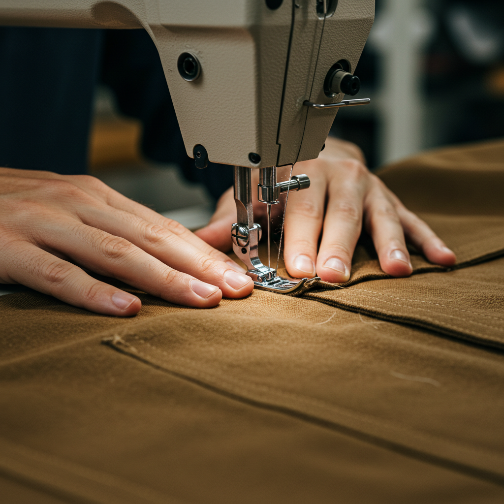 Sewing heavy-duty duck canvas fabric on a sewing machine, demonstrating techniques for working with this durable material.