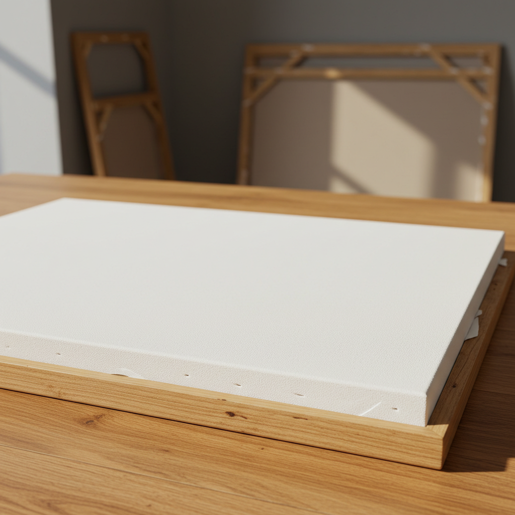 Stretched canvas on a wooden frame, ready for painting. Shows how canvas is used for fine art.