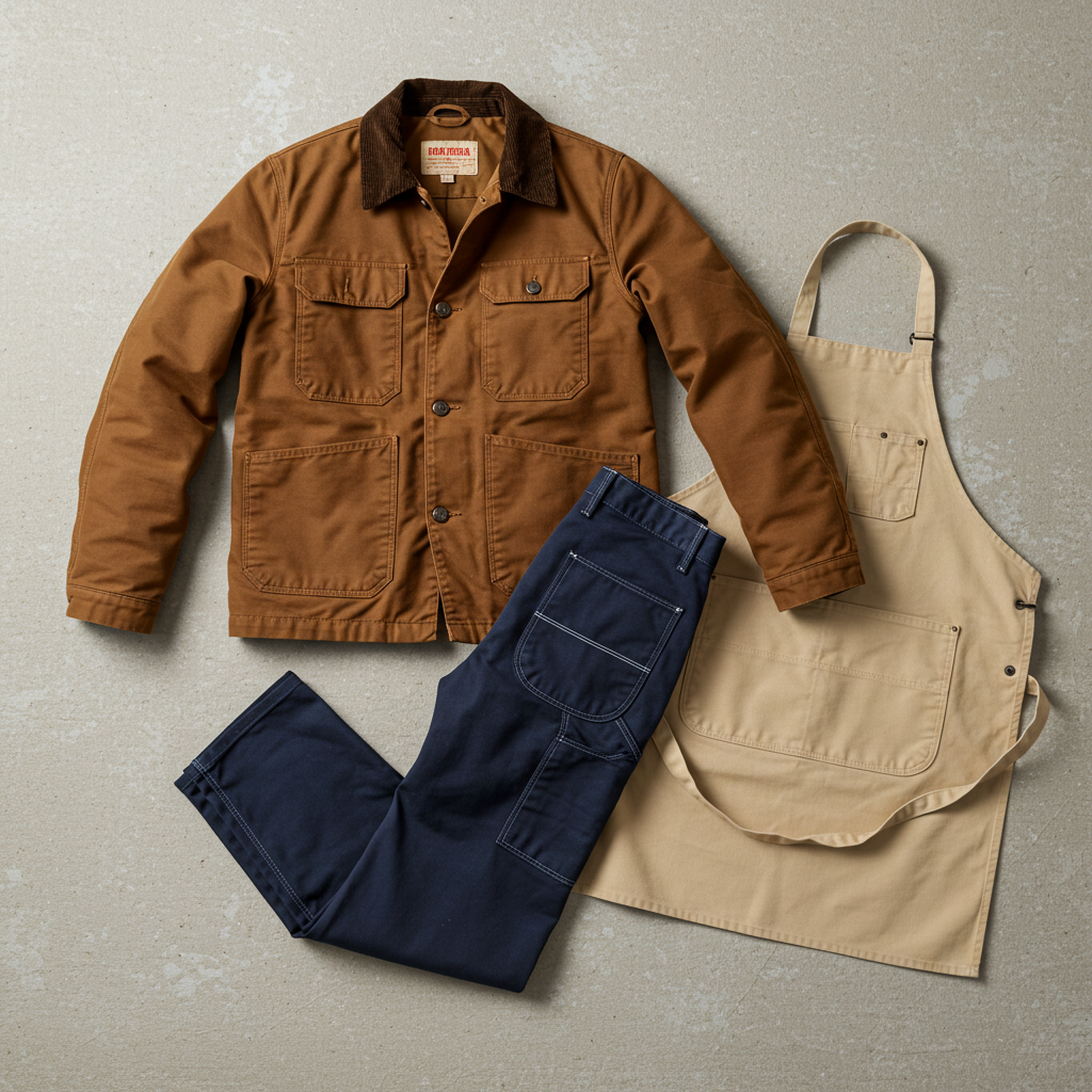 Variety of duck canvas apparel: brown work jacket, navy blue pants, and natural canvas apron, illustrating the versatility of duck canvas fabric.