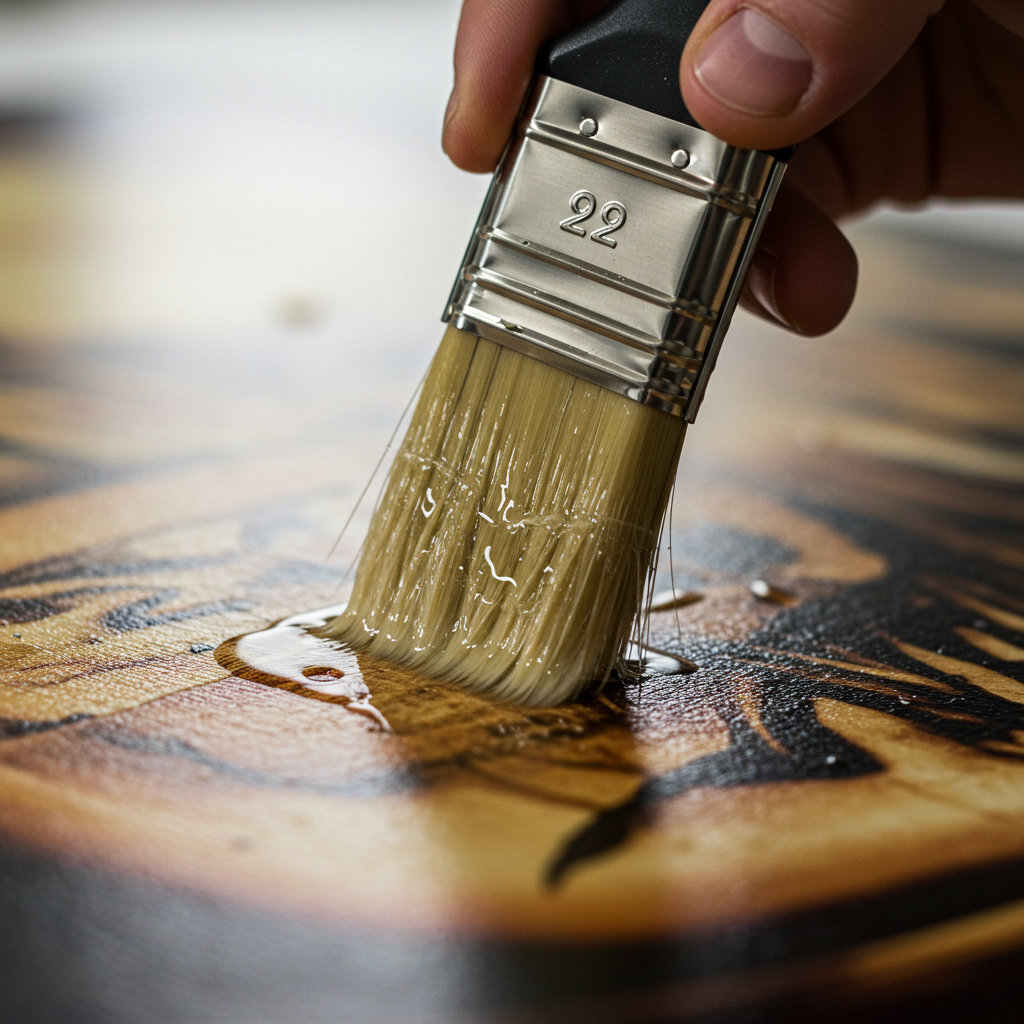 Applying a clear acrylic sealant to a printed canvas fabric with a brush to protect against UV damage and moisture.