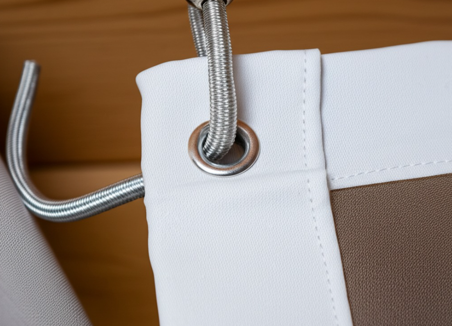 Ball bungee cord threaded through metal grommet on golf impact screen fabric edge preparing the tensioning system.