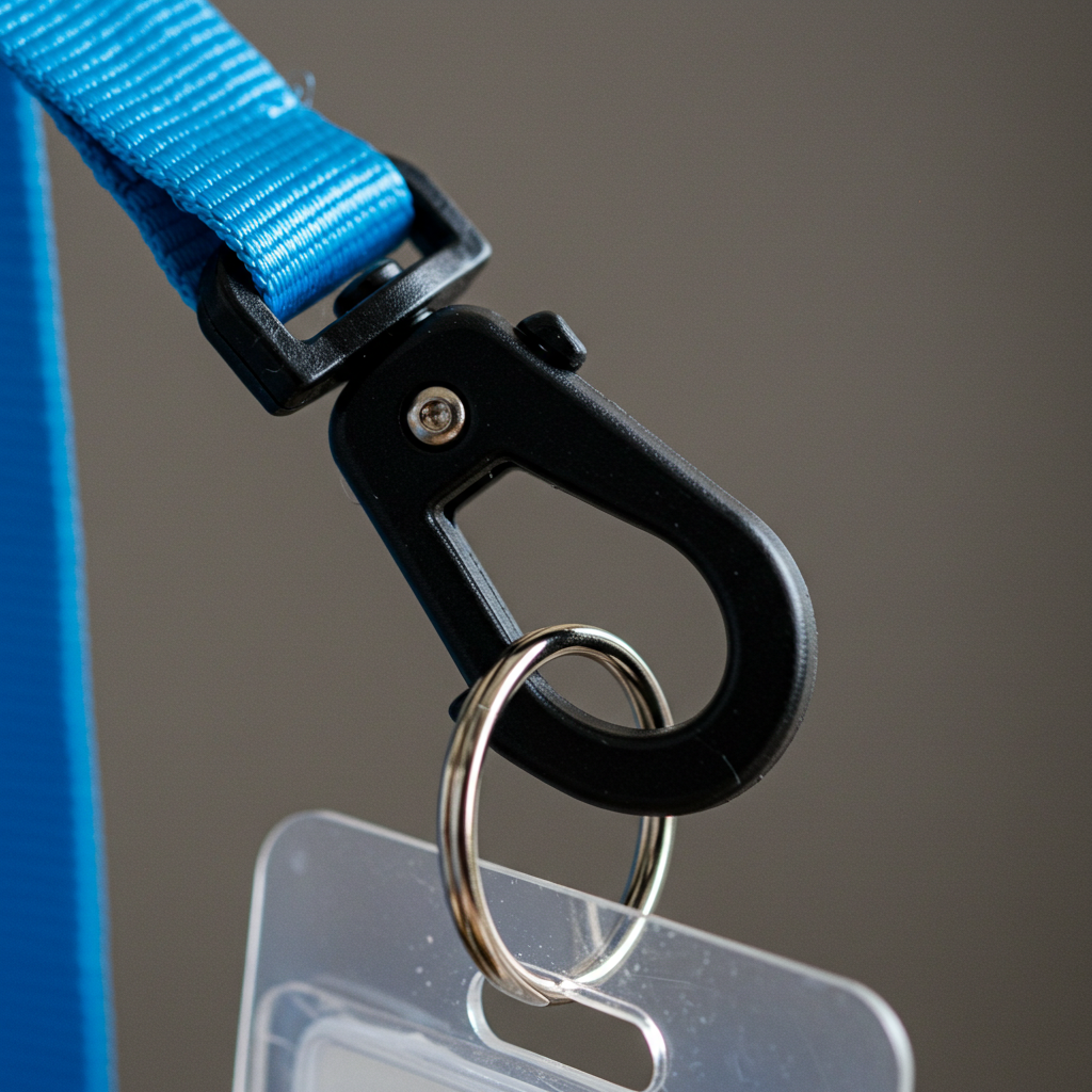 Black plastic swivel hook connected to a blue lanyard, holding a clear plastic ID badge