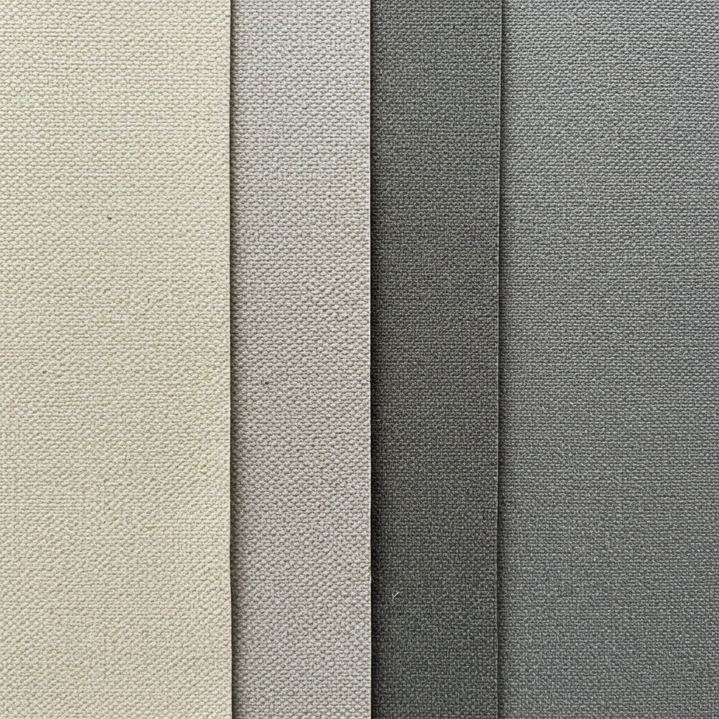 Close-up comparison of canvas fabric types for printing. cotton duck canvas (left), polyester canvas (center), and poly-cotton blend (right), showing texture and weave differences.