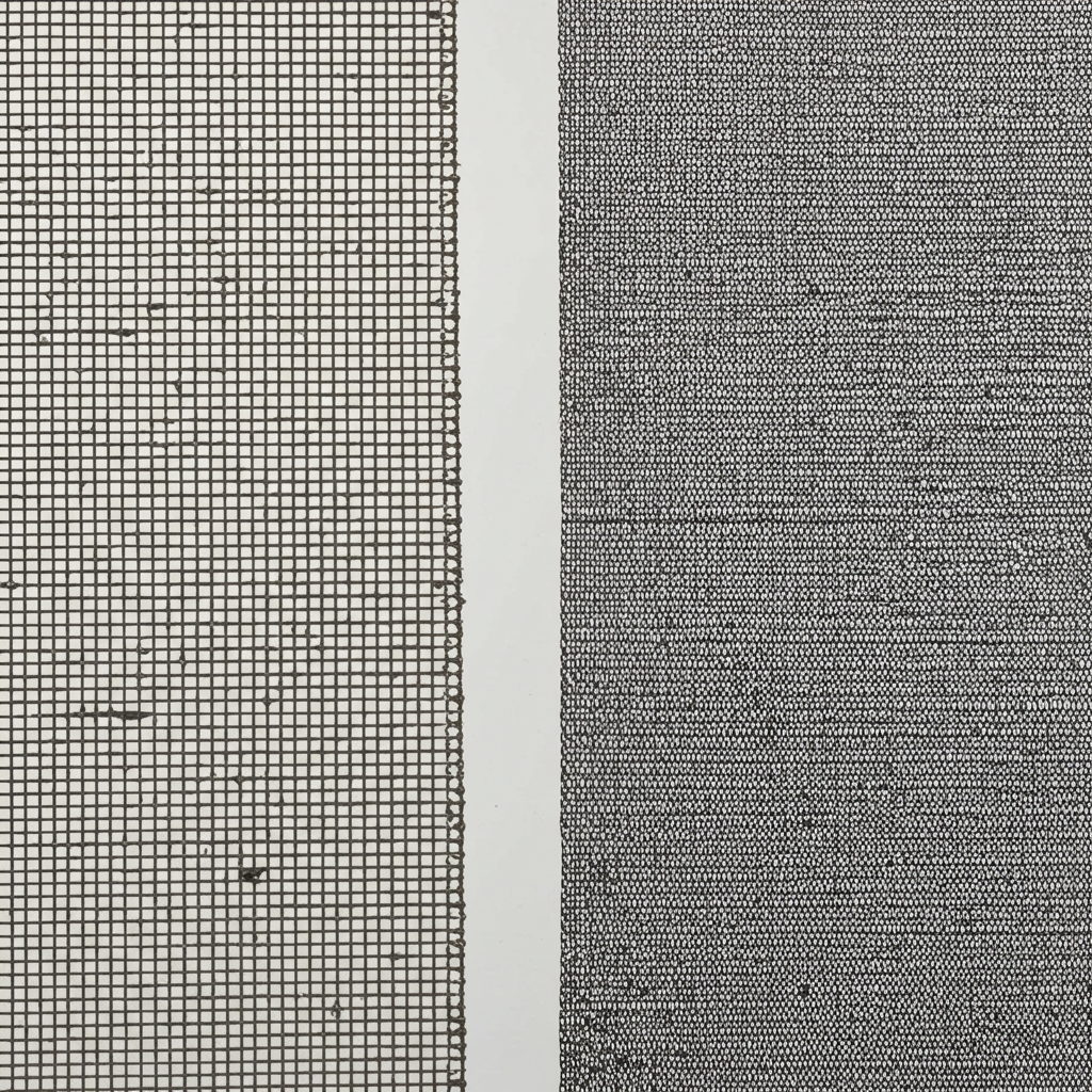 Close-up comparison of polyester impact screen material (left) showing tight weave, and mesh impact screen material (right) showing open weave, illustrating differences in texture and density.