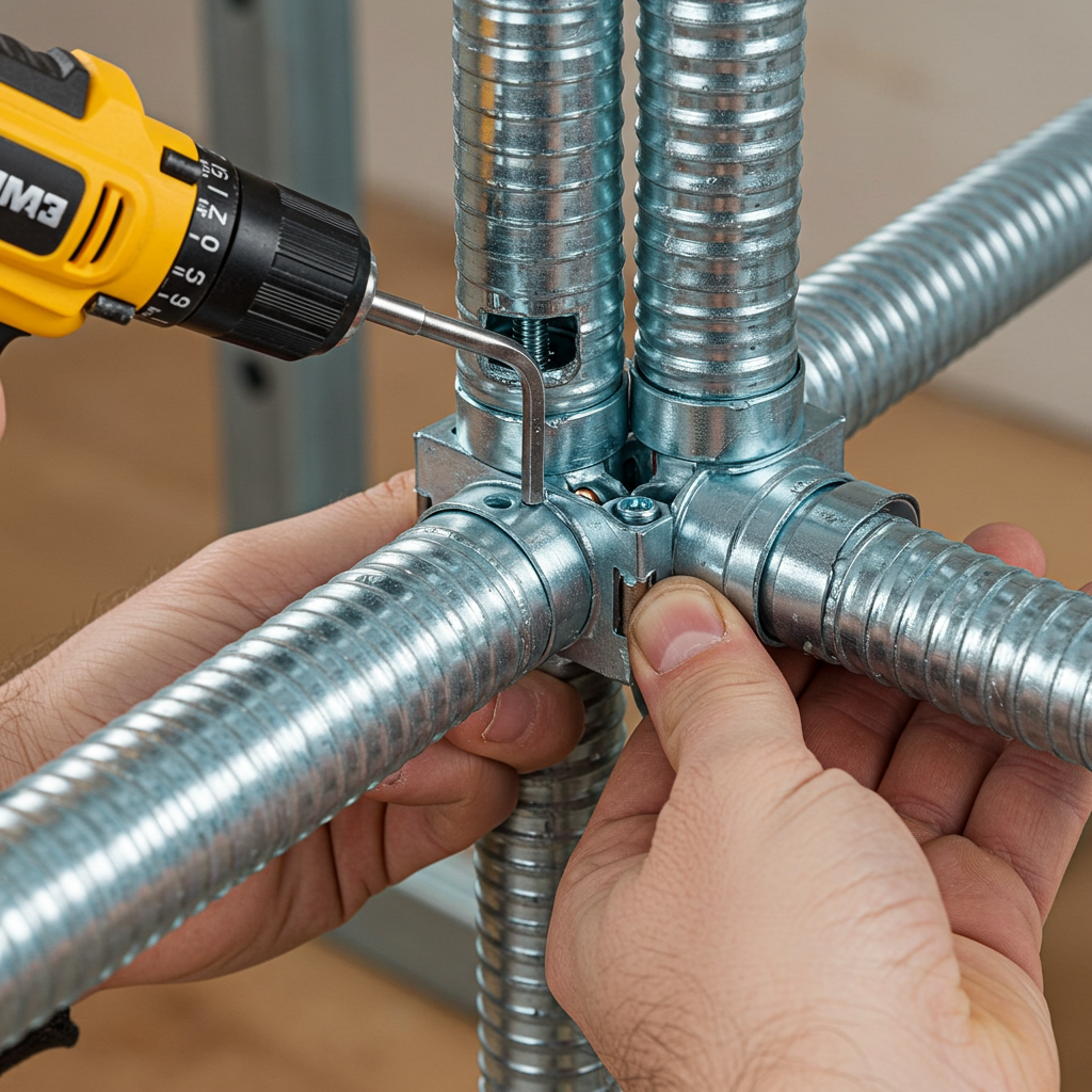 Close-up view demonstrating assembly of an EMT conduit 3-way corner fitting for a DIY golf simulator frame, tightening a #8-32 set screw.