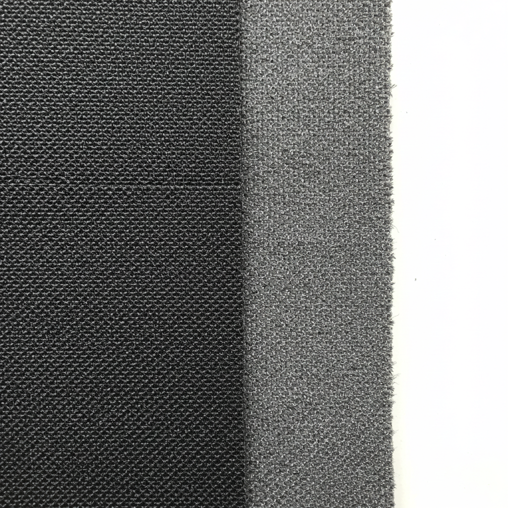 Comparison of DIY golf impact screen materials - smooth white polyester fabric weave alongside coarser textured archery baffle material surface.