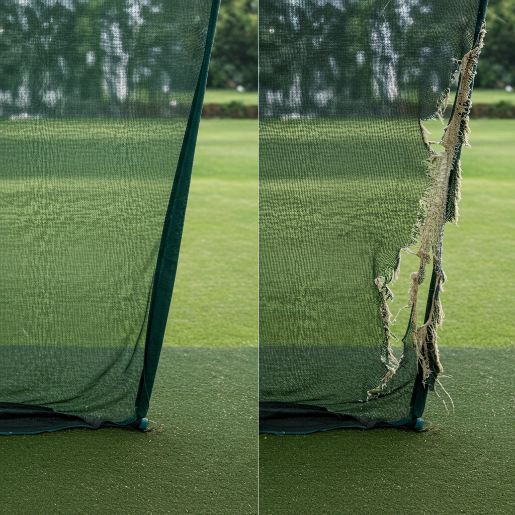 Comparison of a new golf impact screen (left) and a worn-out golf impact screen (right), showing signs of wear such as sagging, fraying, and thinning, indicating the need for replacement.
