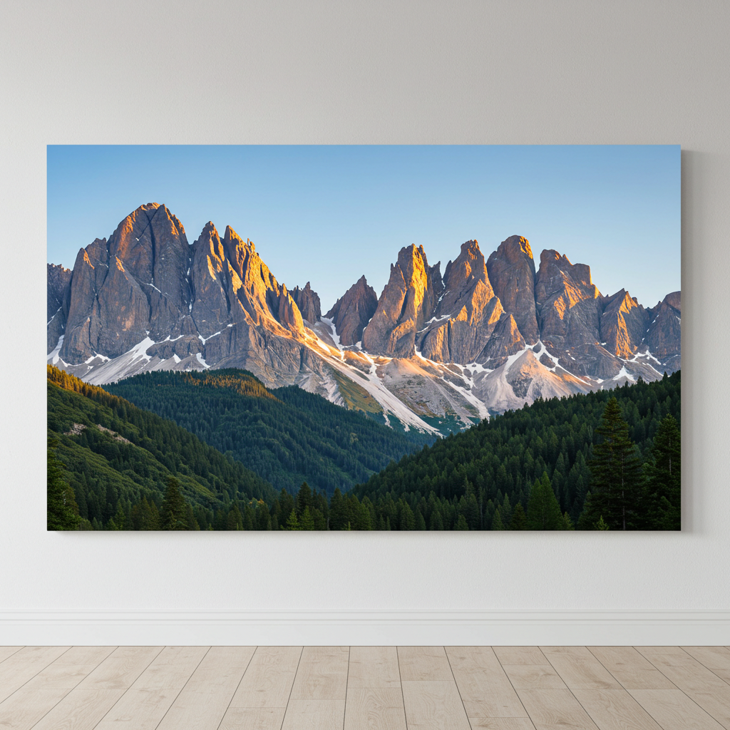 Completed canvas print of a landscape, stretched and hung on a wall, demonstrating the final result of printing on canvas fabric.