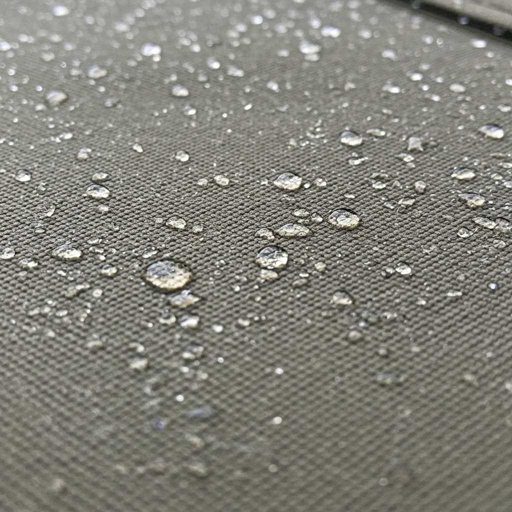 Detailed weave texture of water-resistant 600D polyester canvas fabric with water beading.