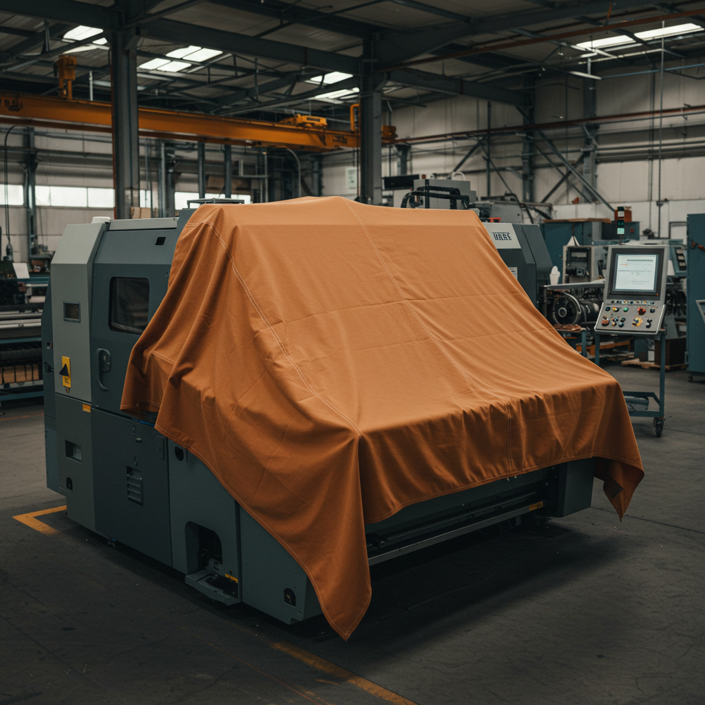 Durable canvas machine cover protecting industrial equipment from dust in a factory workshop setting
