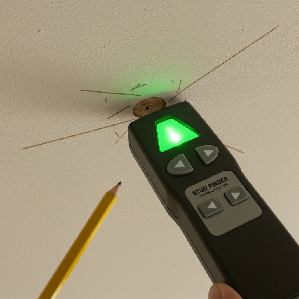 Electronic stud finder identifying center of ceiling joist structural support marked on drywall for secure mounting hardware installation.