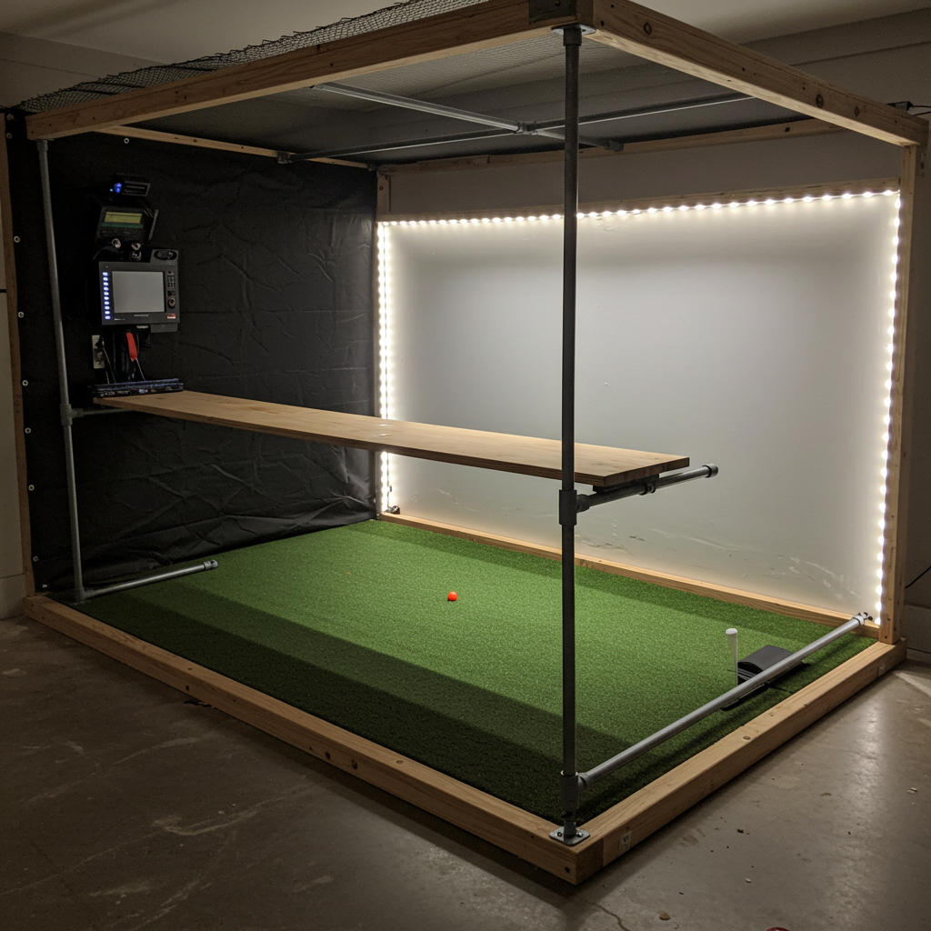 Example of functional customization on a DIY golf simulator enclosure, featuring integrated EMT conduit shelf holding a launch monitor beside the hitting mat.