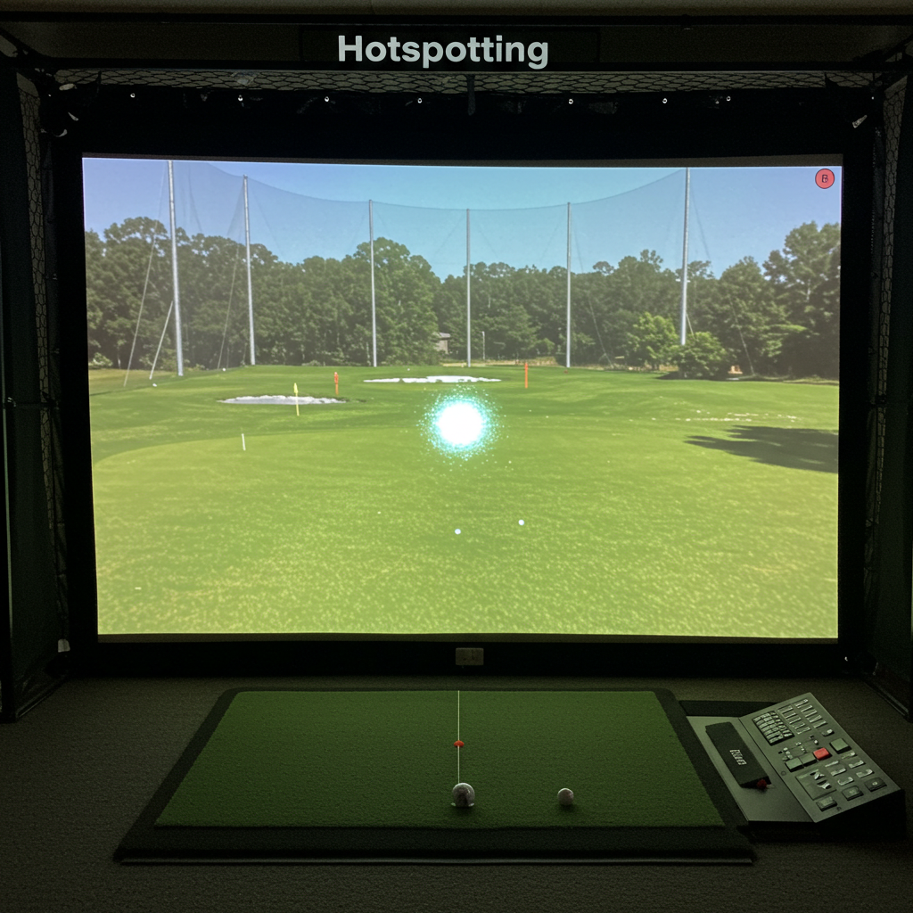 Example of hotspotting artifact on golf impact screen projection displaying non-uniform brightness distribution across the surface.