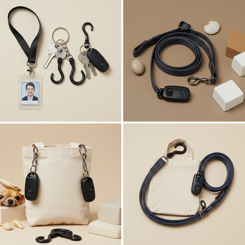Examples of finished products using plastic swivel hooks: lanyard with ID badge, keychain, canvas bag with detachable strap, and dog leash.