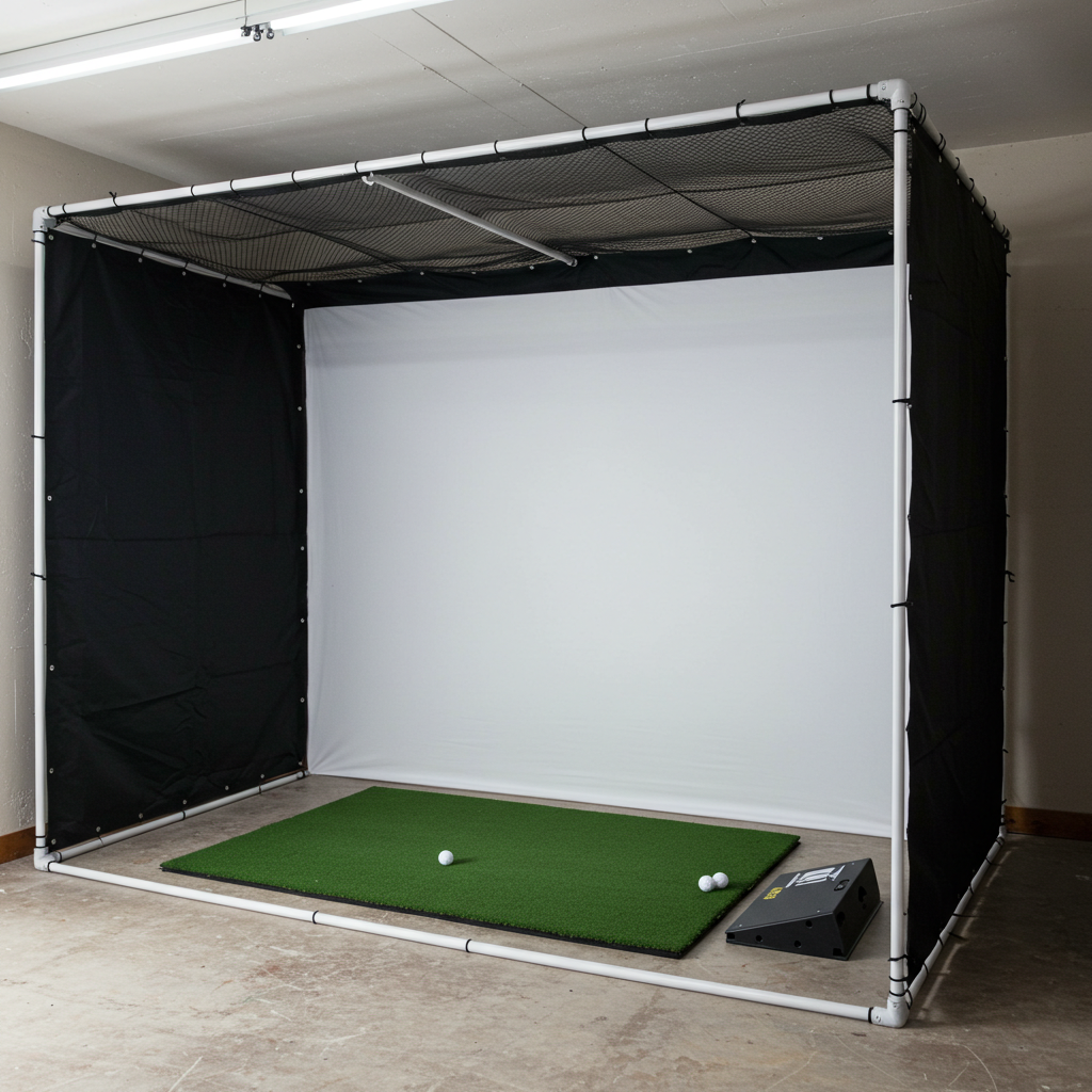 Finished DIY golf simulator enclosure constructed using EMT conduit frame, illustrating taut white golf impact screen secured by bungees and opaque black side covering material.