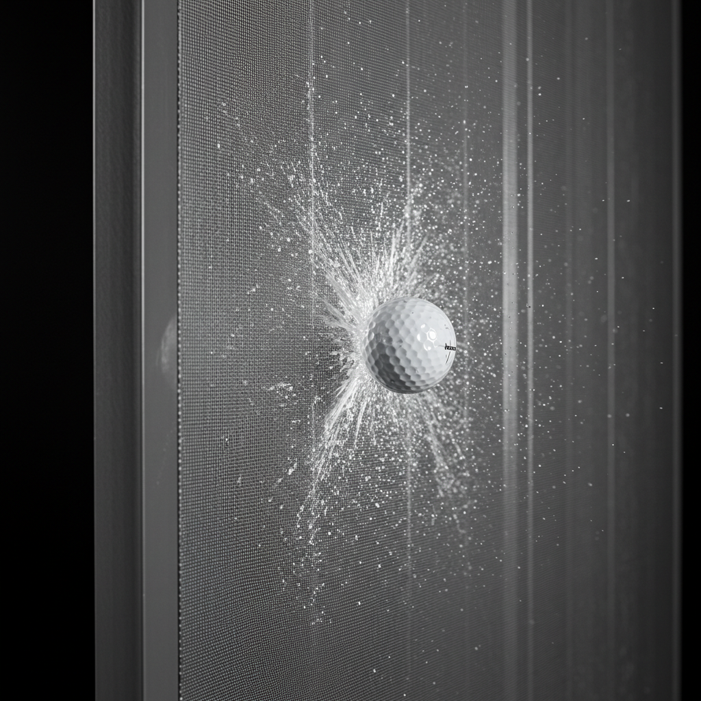 High-speed photo of a golf ball impacting a durable enclosure golf impact screen, demonstrating impact resistance.