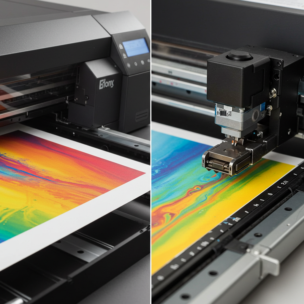 Inkjet printer printing directly onto canvas fabric (left); close-up of pigment ink application on canvas fibers (right).
