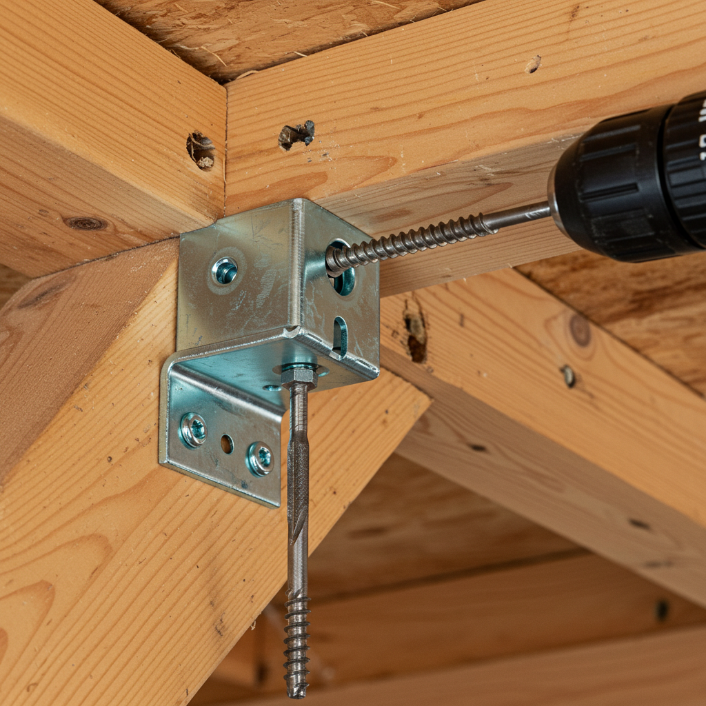 Mounting bracket securely fastened into wooden wall stud with lag screws during hanging golf impact screen installation.