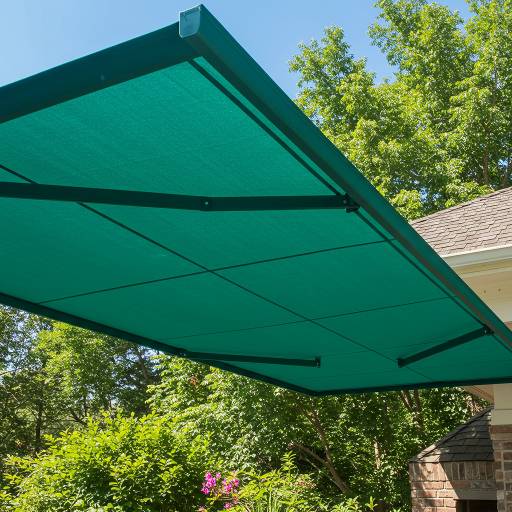 Outdoor awning constructed from UV-resistant polyester canvas fabric providing sun protection.
