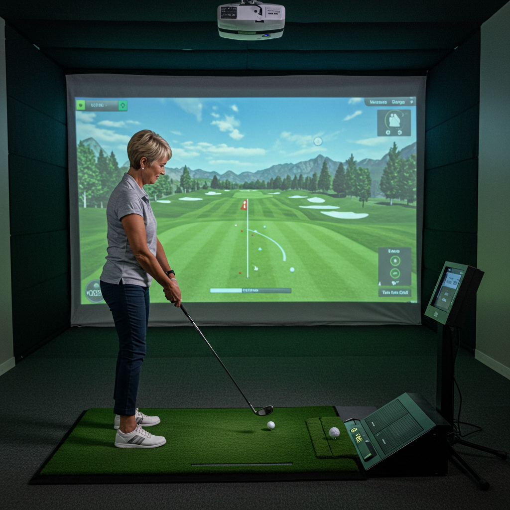 Person using a golf simulator with a golf impact screen, projector, and hitting mat, demonstrating a complete home setup.