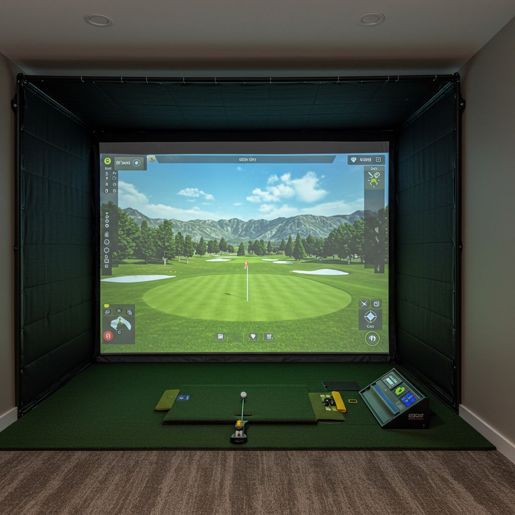 Photograph example of a finished home golf simulator highlighting a correctly sized impact screen installation displaying projected image.