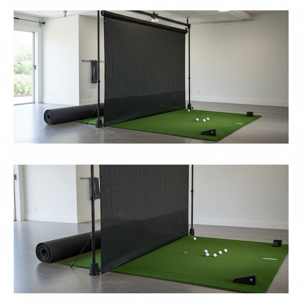 Retractable golf impact screen shown in both retracted (rolled up) and extended (rolled down) positions, highlighting space-saving design.