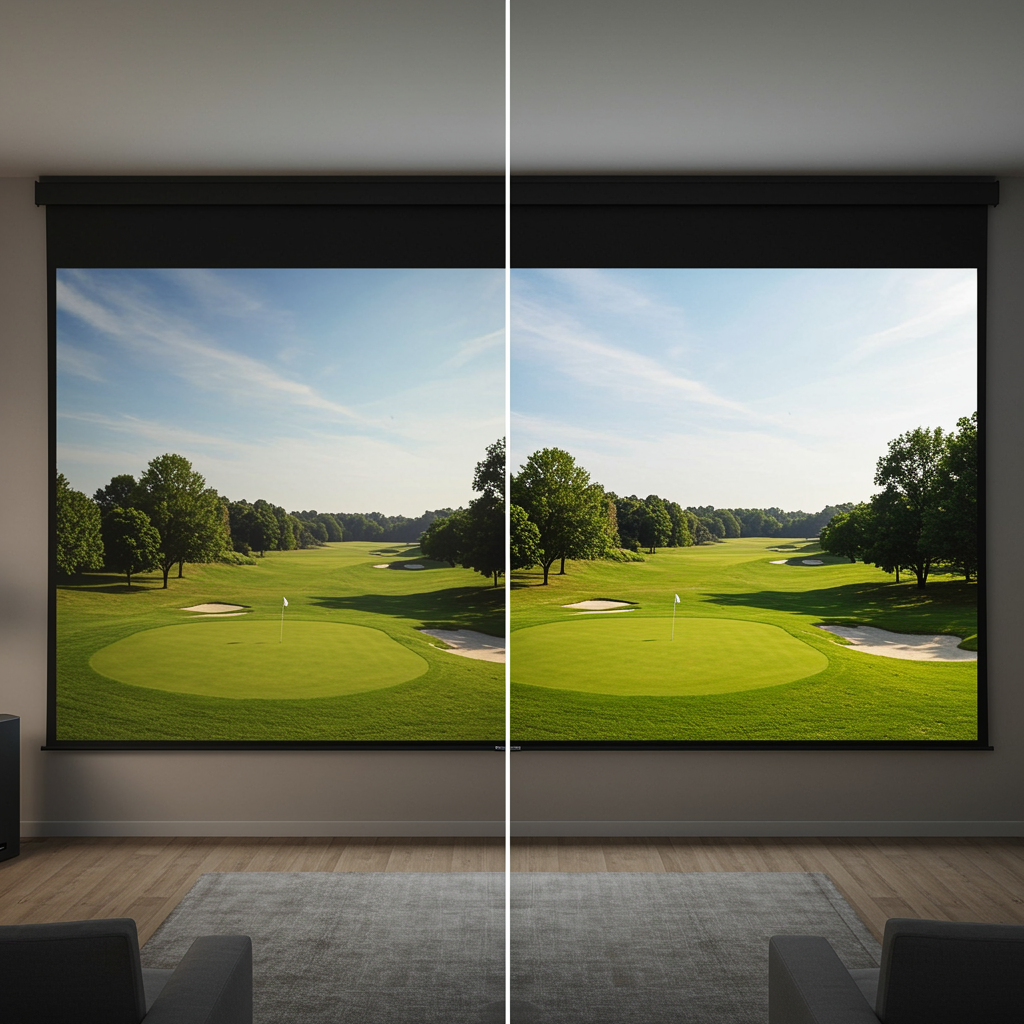 Side-by-side comparison of image quality on a polyester golf impact screen (left) versus a premium golf impact screen (right), showing differences in clarity and color.
