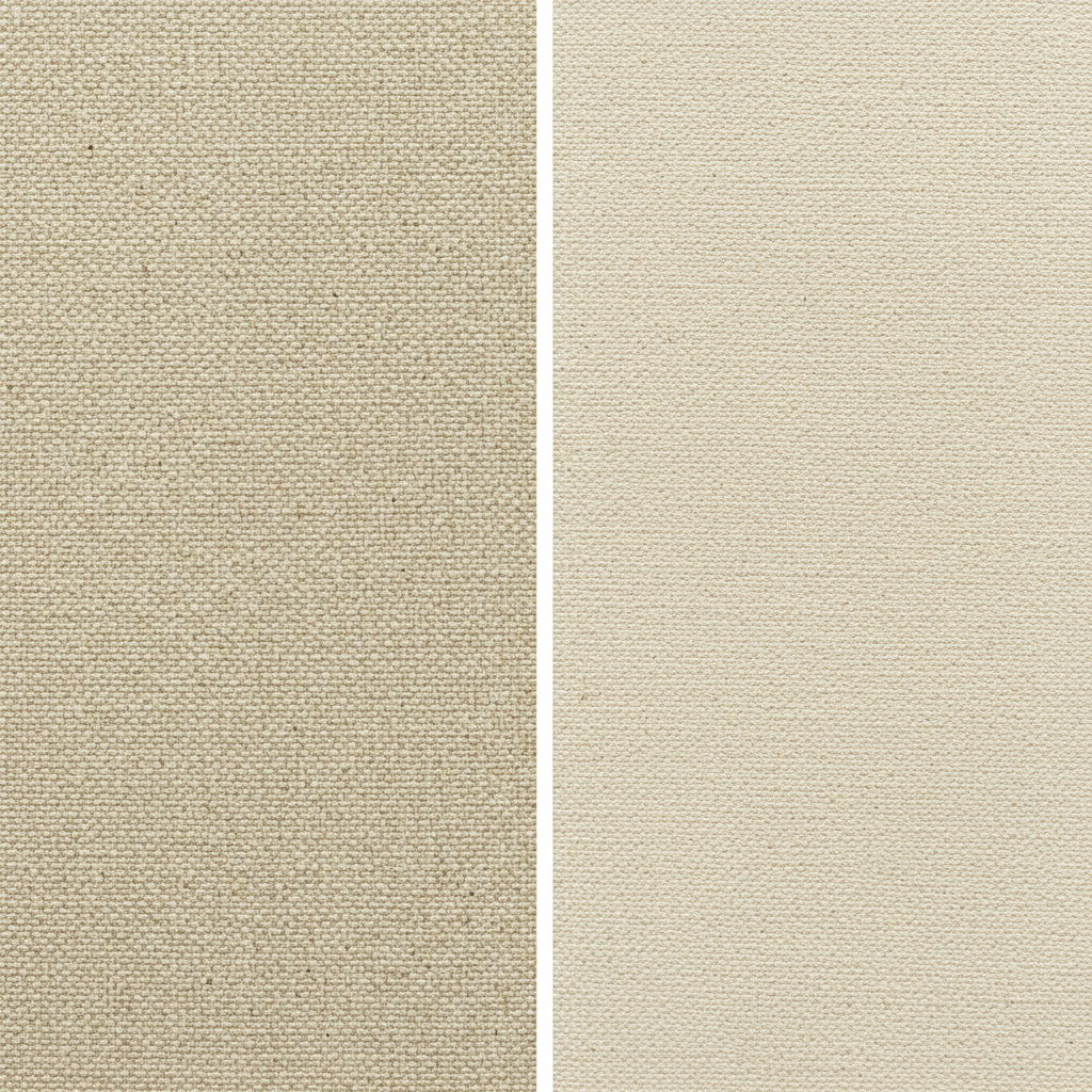 Texture comparison - Linen Canvas Fabric (left) with distinct weave and slubs versus smoother Cotton Duck Canvas weave (right).